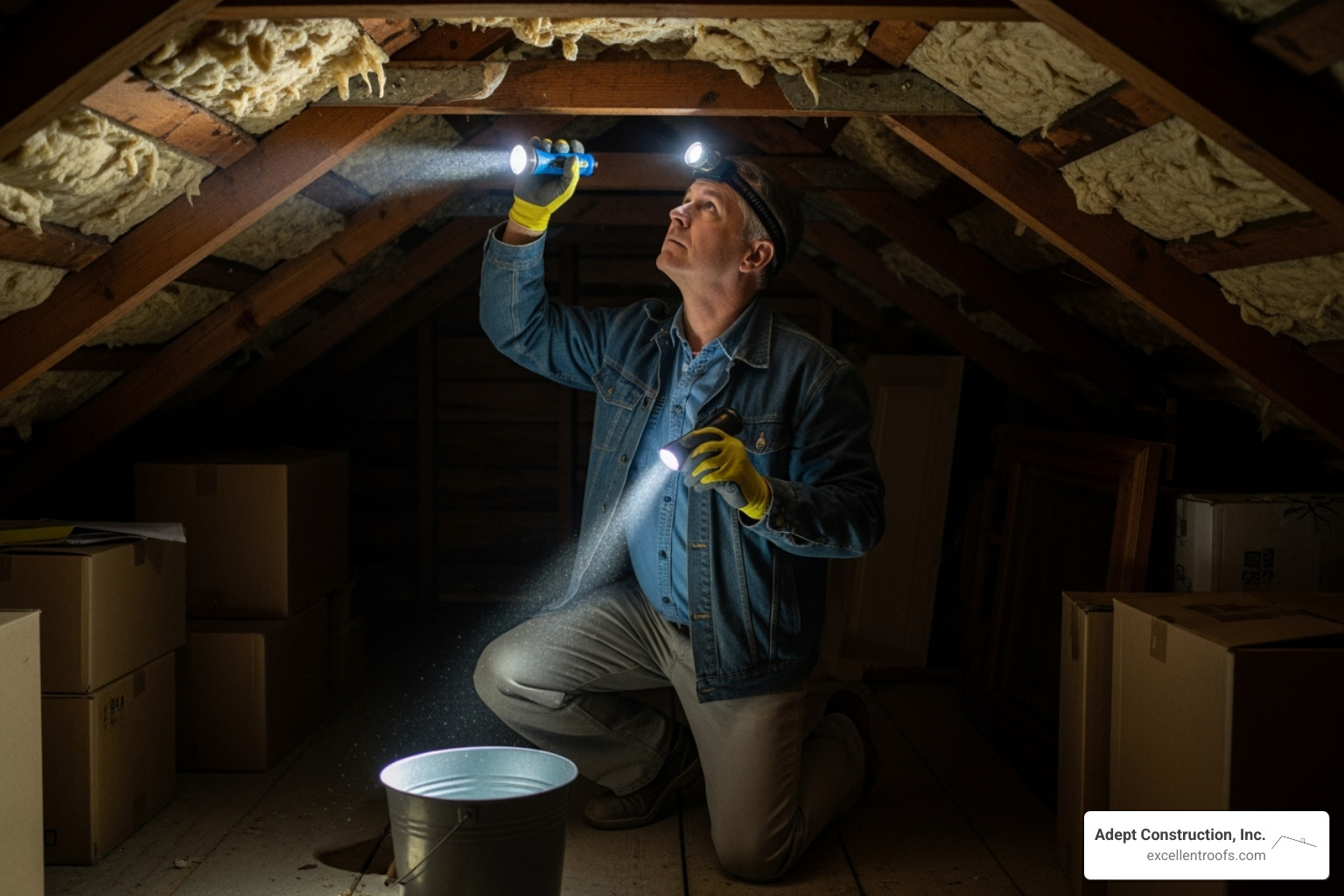 homeowner safely inspecting their attic with a flashlight - roof leak detection naperville