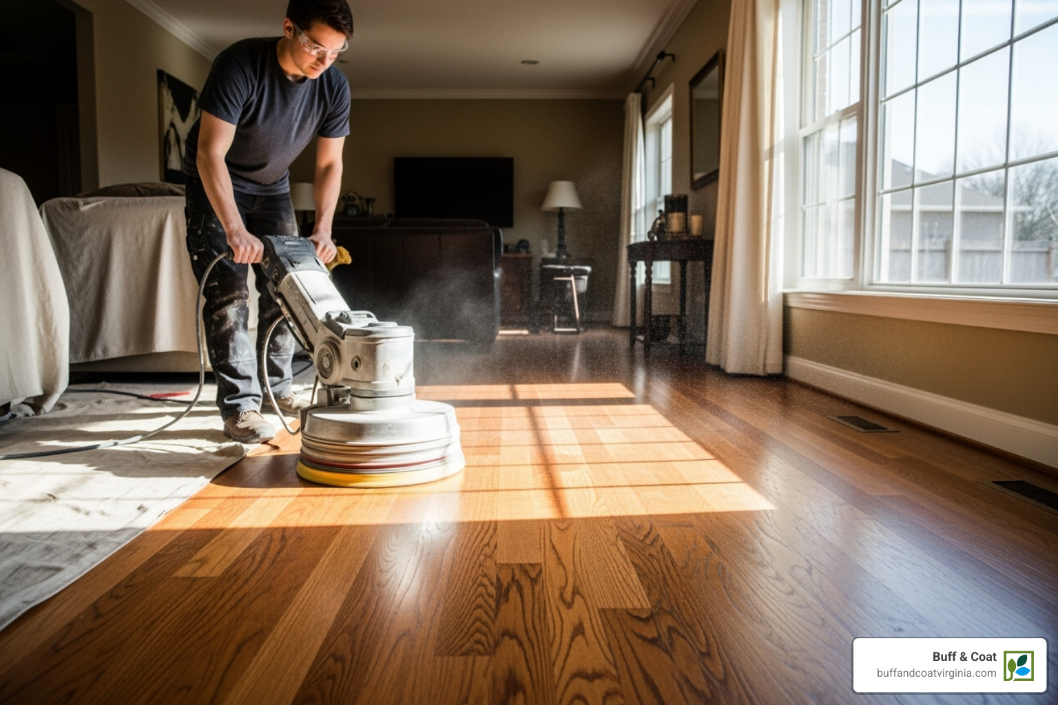 professional refinisher carefully buffing a hardwood floor - hardwood flooring for sale near me professional refinisher carefully buffing a hardwood floor - hardwood flooring for sale near me