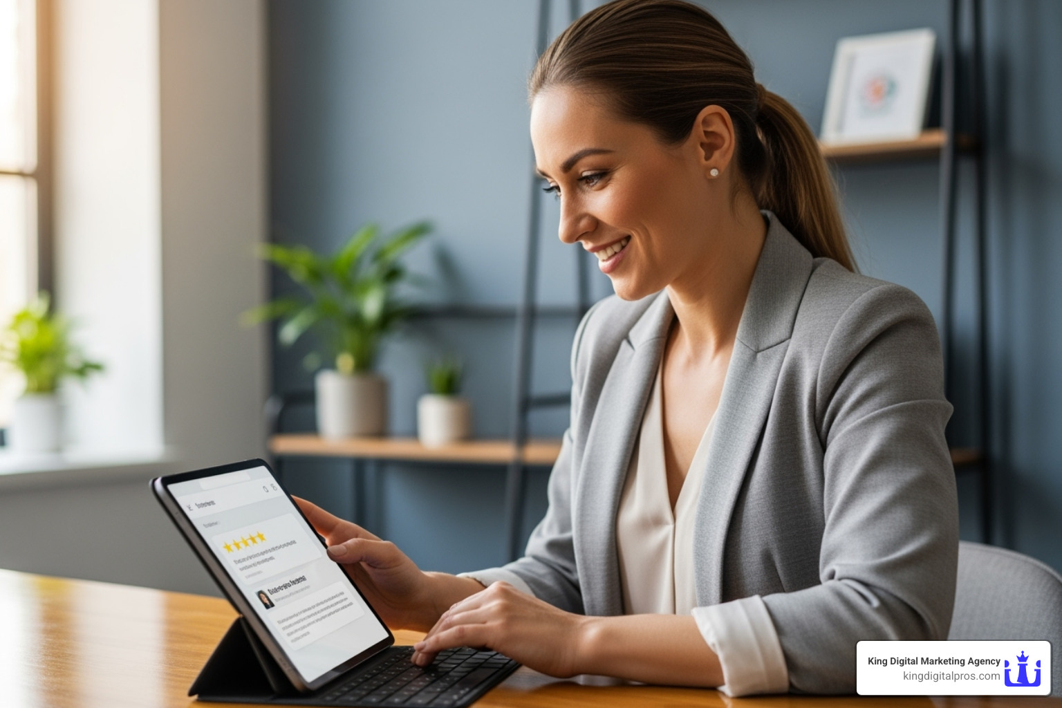 business owner smiling while responding to a review on a tablet - Local business reputation