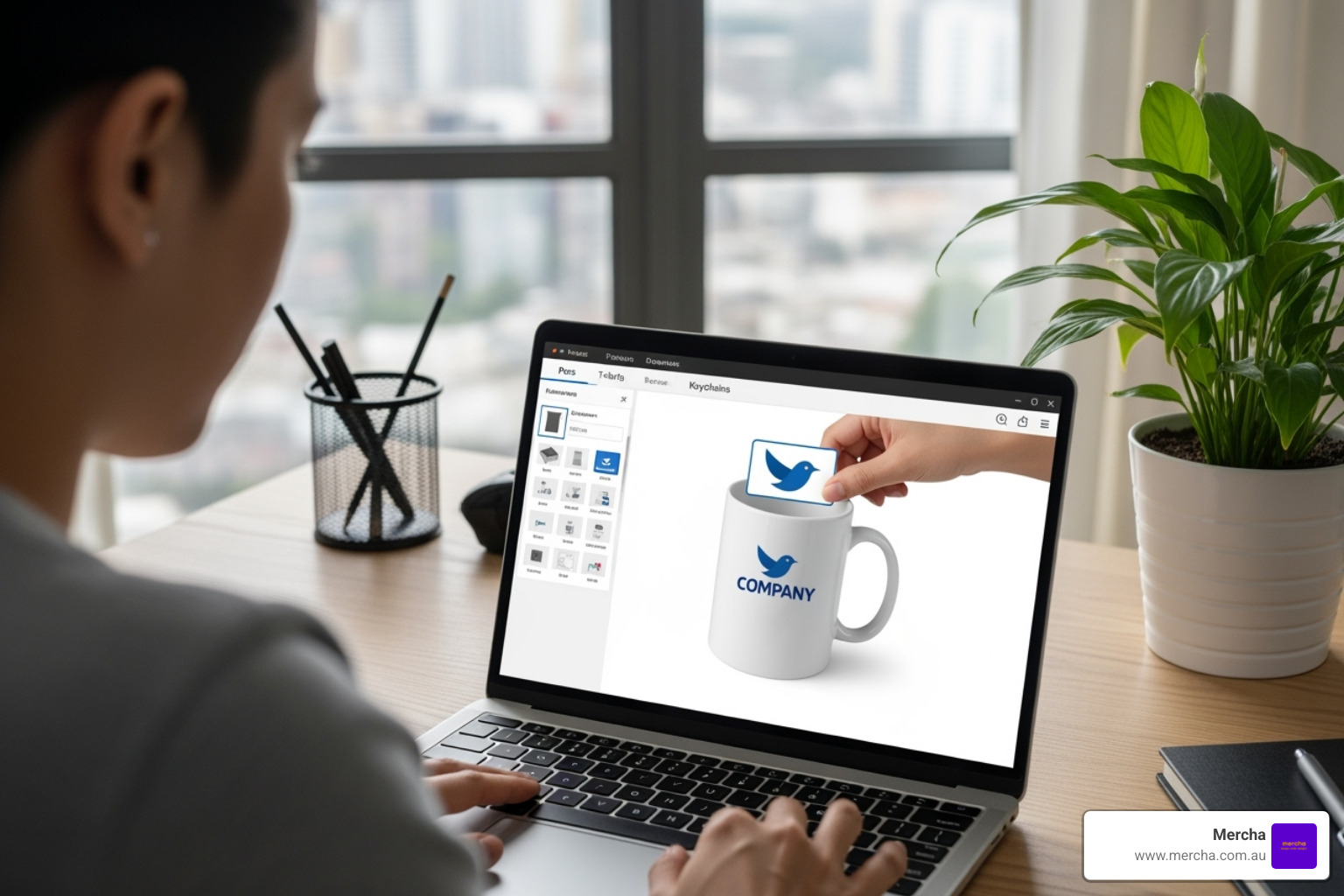 user customising merchandise on a laptop - where can i buy bulk promotional merchandise