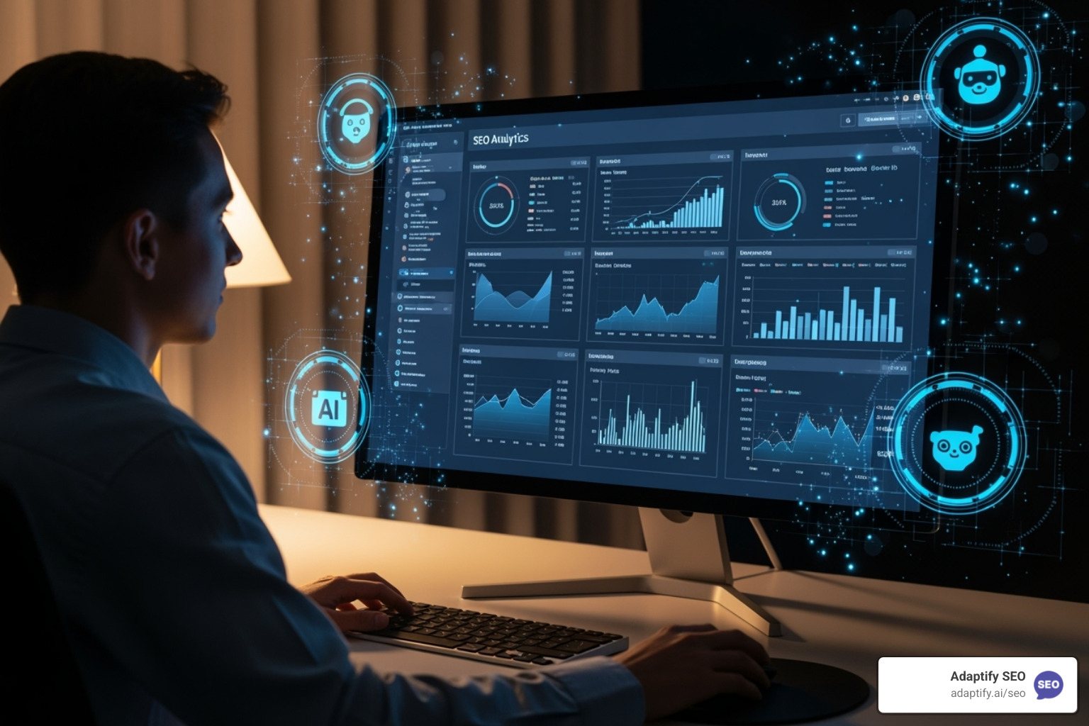 person at a computer reviewing charts and graphs, with AI bot icons assisting - best practices for combining ai analytics with traditional seo strategies.