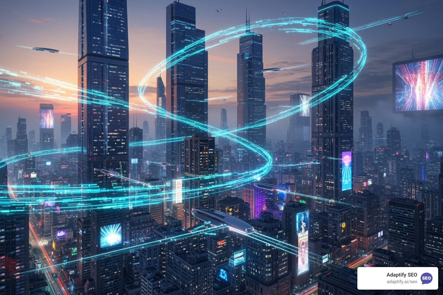 futuristic cityscape with data streams - best practices for combining ai analytics with traditional seo strategies.