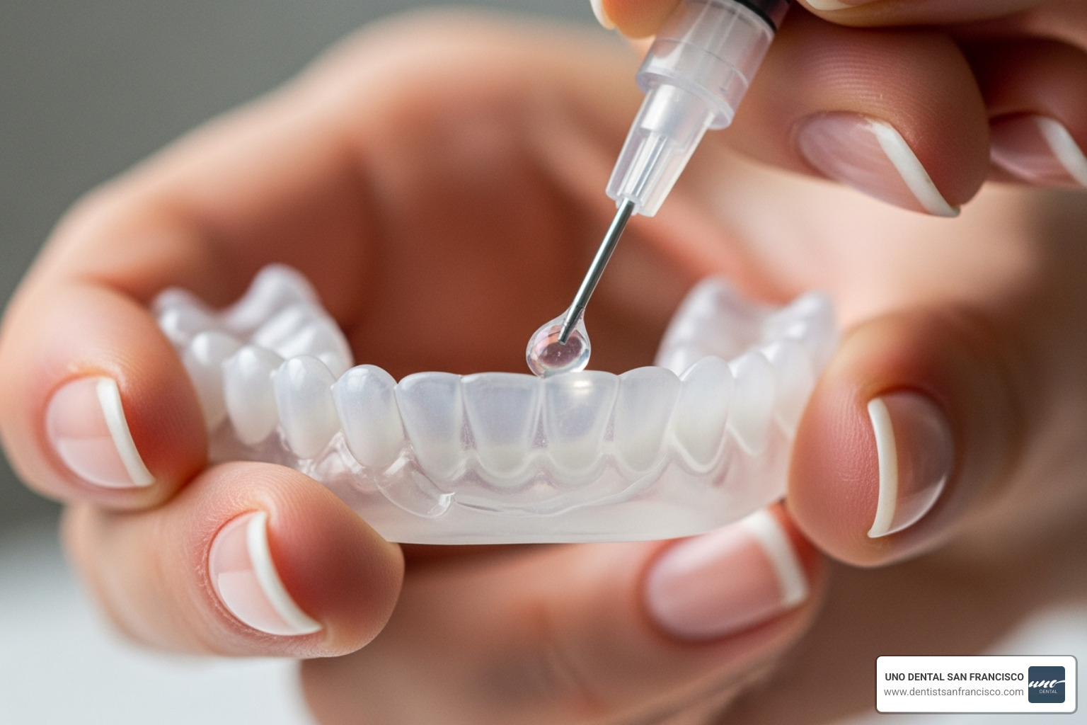 small bead of whitening gel being applied to a custom tray - teeth whitening with retainers small bead of whitening gel being applied to a custom tray - teeth whitening with retainers