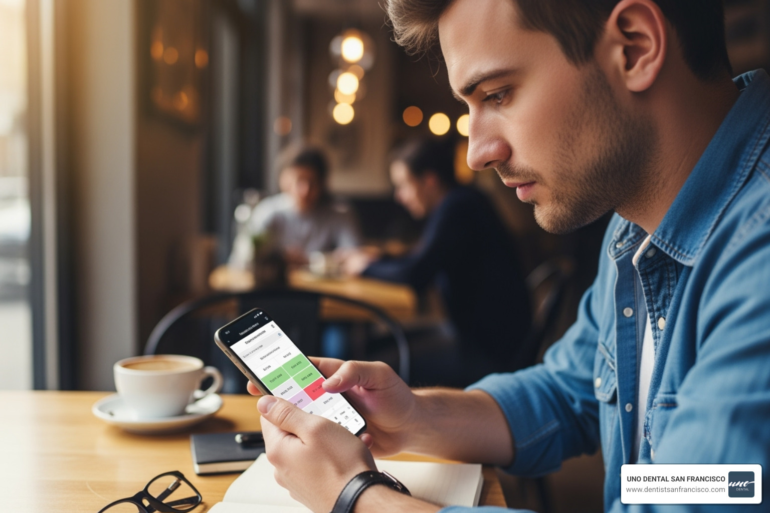 a person using a smartphone to book an appointment. - dental offices weekends san francisco