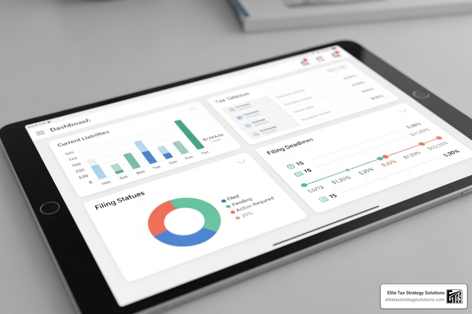 A clean, simple sales tax software dashboard on a tablet displaying tax liabilities and filing statuses - sales tax filing services A clean, simple sales tax software dashboard on a tablet displaying tax liabilities and filing statuses - sales tax filing services