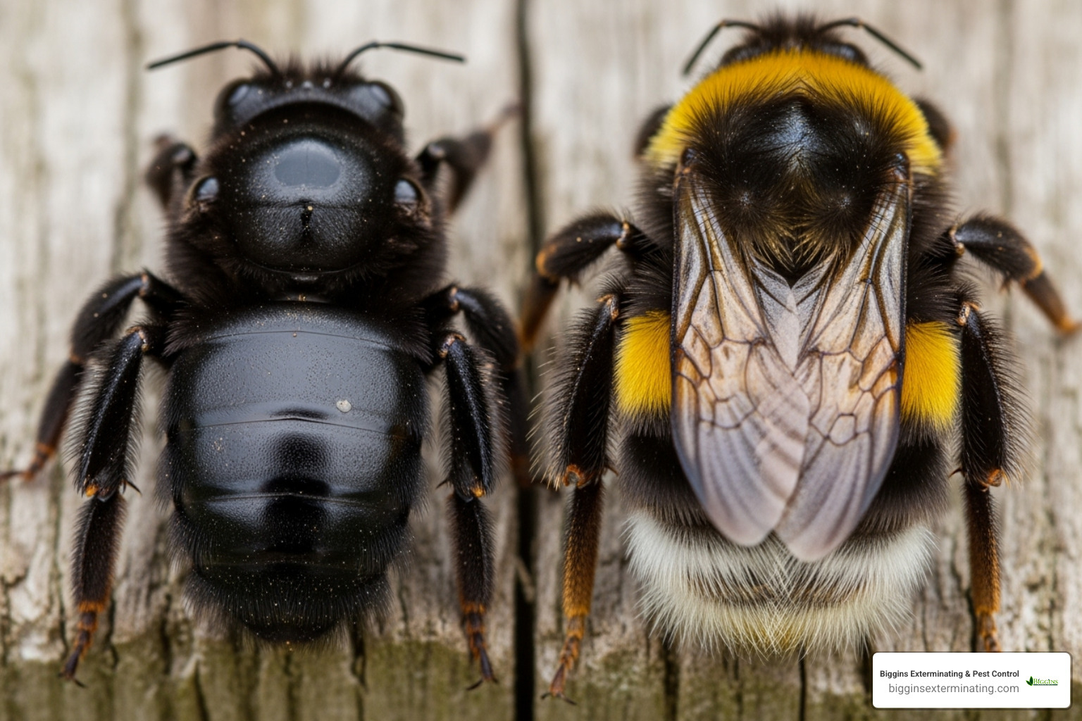 Carpenter bee's shiny abdomen next to a bumblebee's fuzzy abdomen, highlighting the visual difference - big black bee