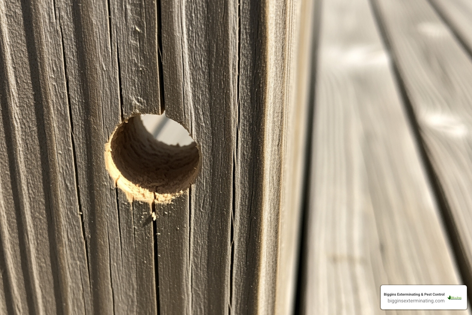 Perfectly round carpenter bee hole in a wooden deck rail - big black bee