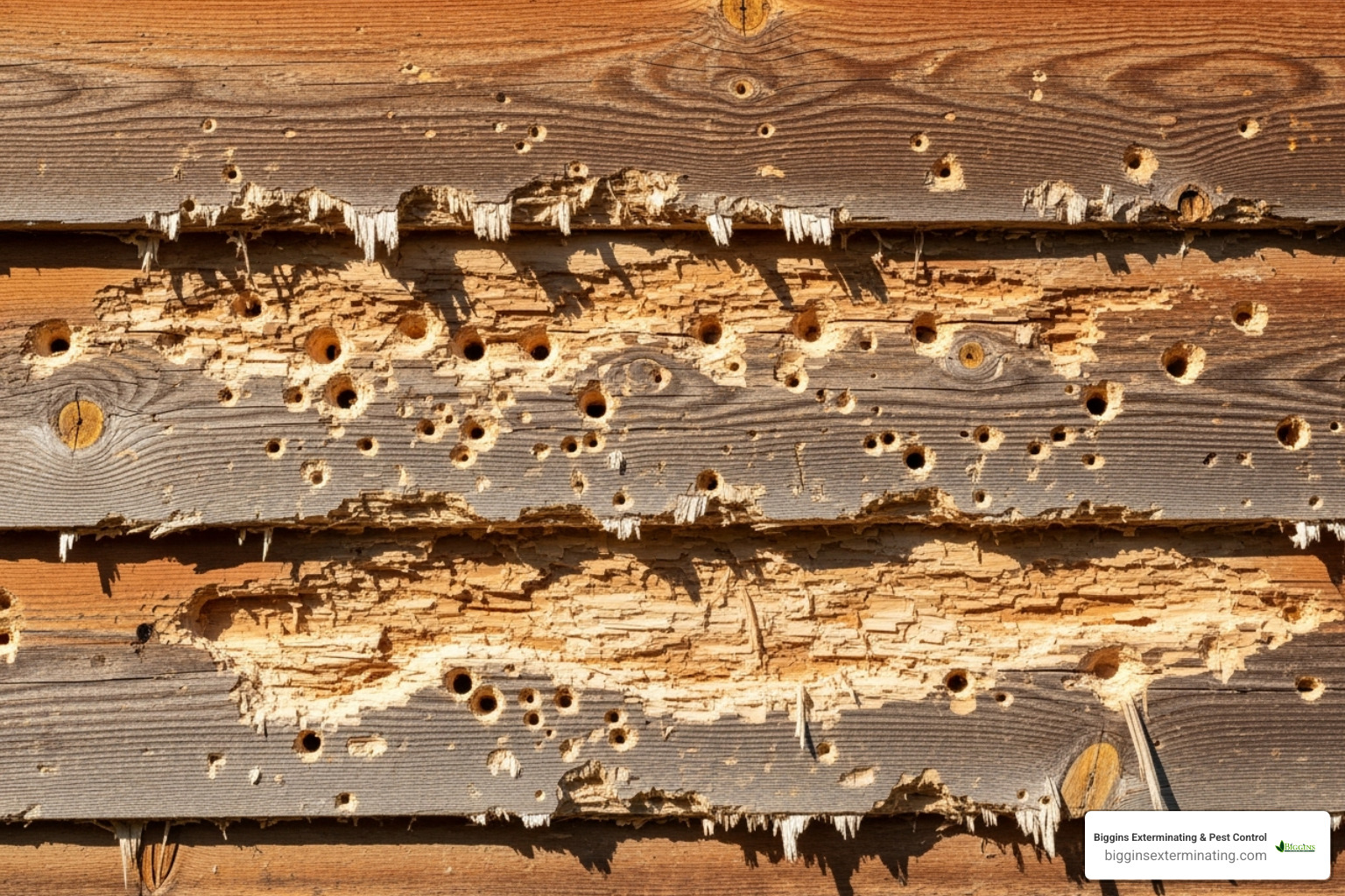 Woodpecker damage on siding caused by hunting for carpenter bee larvae - big black bee