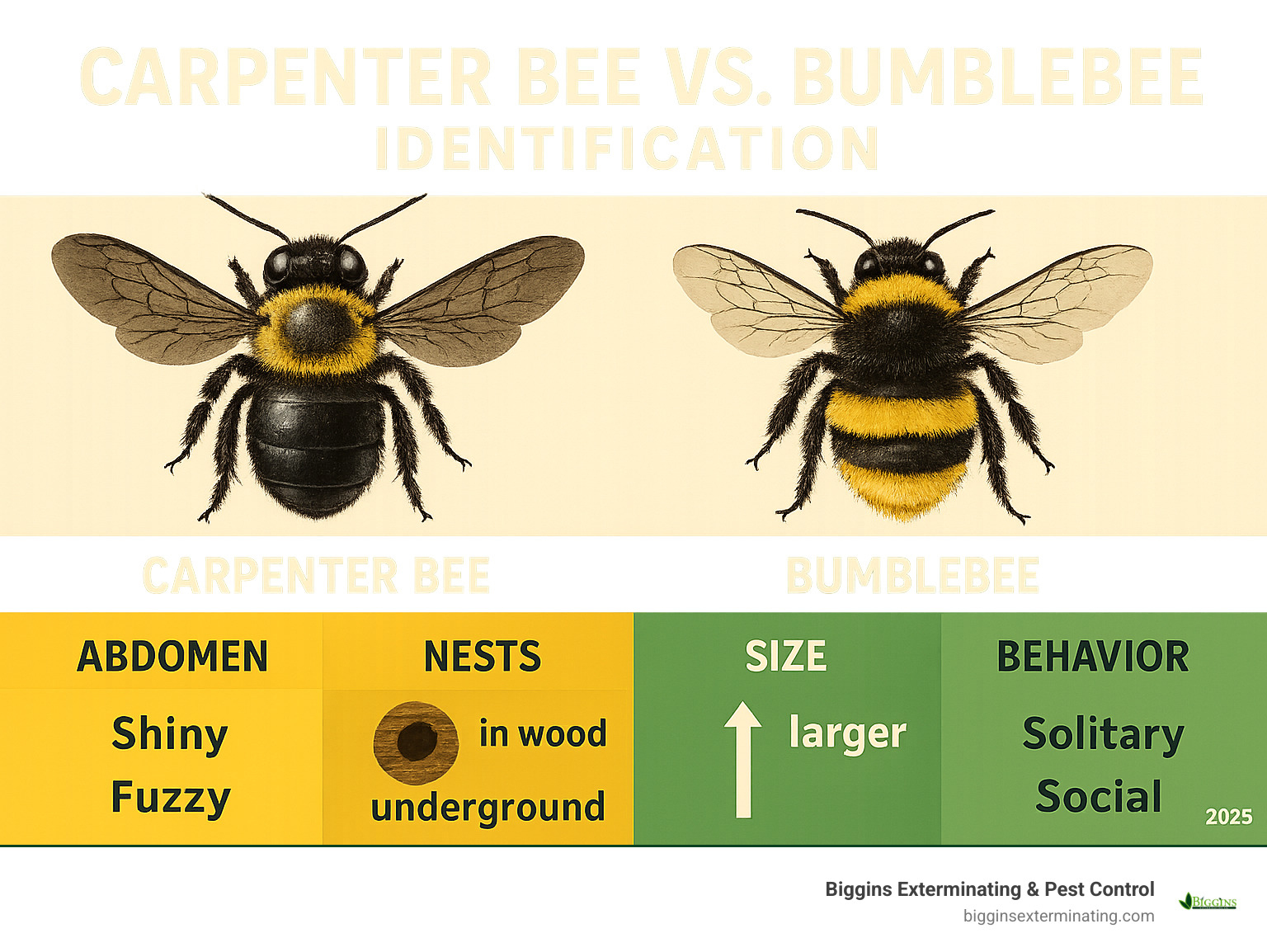 Detailed comparison infographic showing carpenter bee versus bumblebee identification features including abdomen texture, nesting locations, size differences, and behavioral patterns - big black bee infographic 