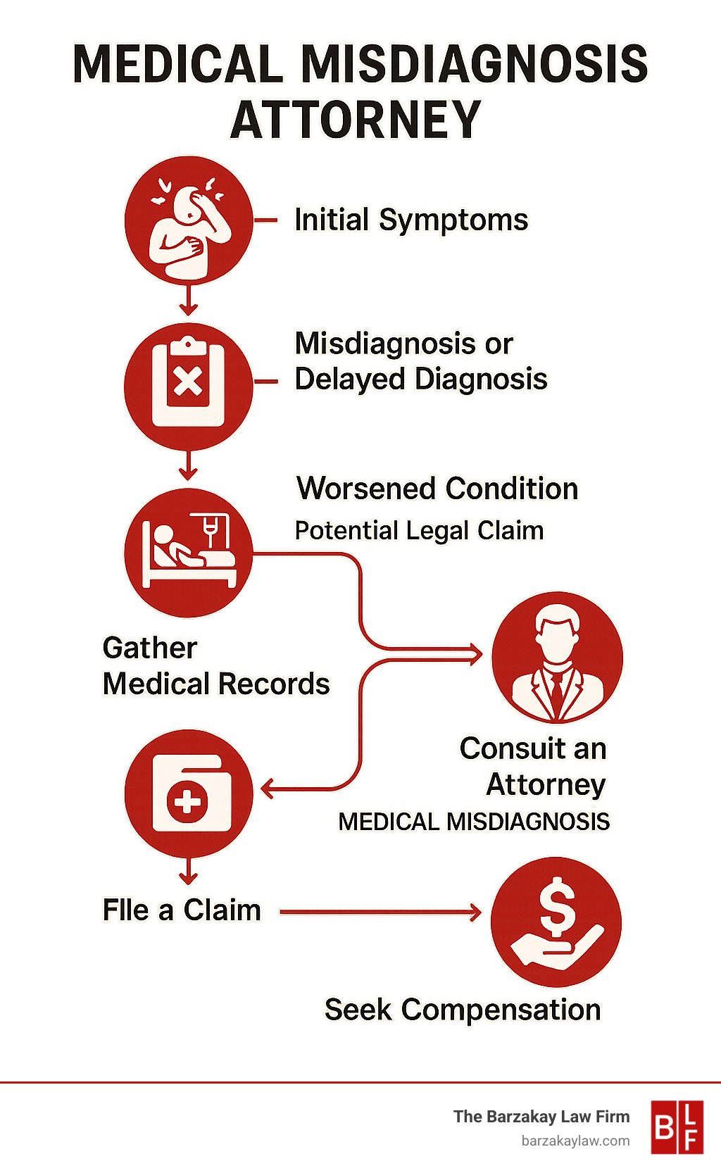 Infographic showing the journey from initial symptoms and doctor visit, to misdiagnosis or delayed diagnosis, leading to worsened condition and potential legal claim, with steps including gathering medical records, consulting a medical misdiagnosis attorney, filing a claim, and seeking compensation - medical misdiagnosis attorney infographic 