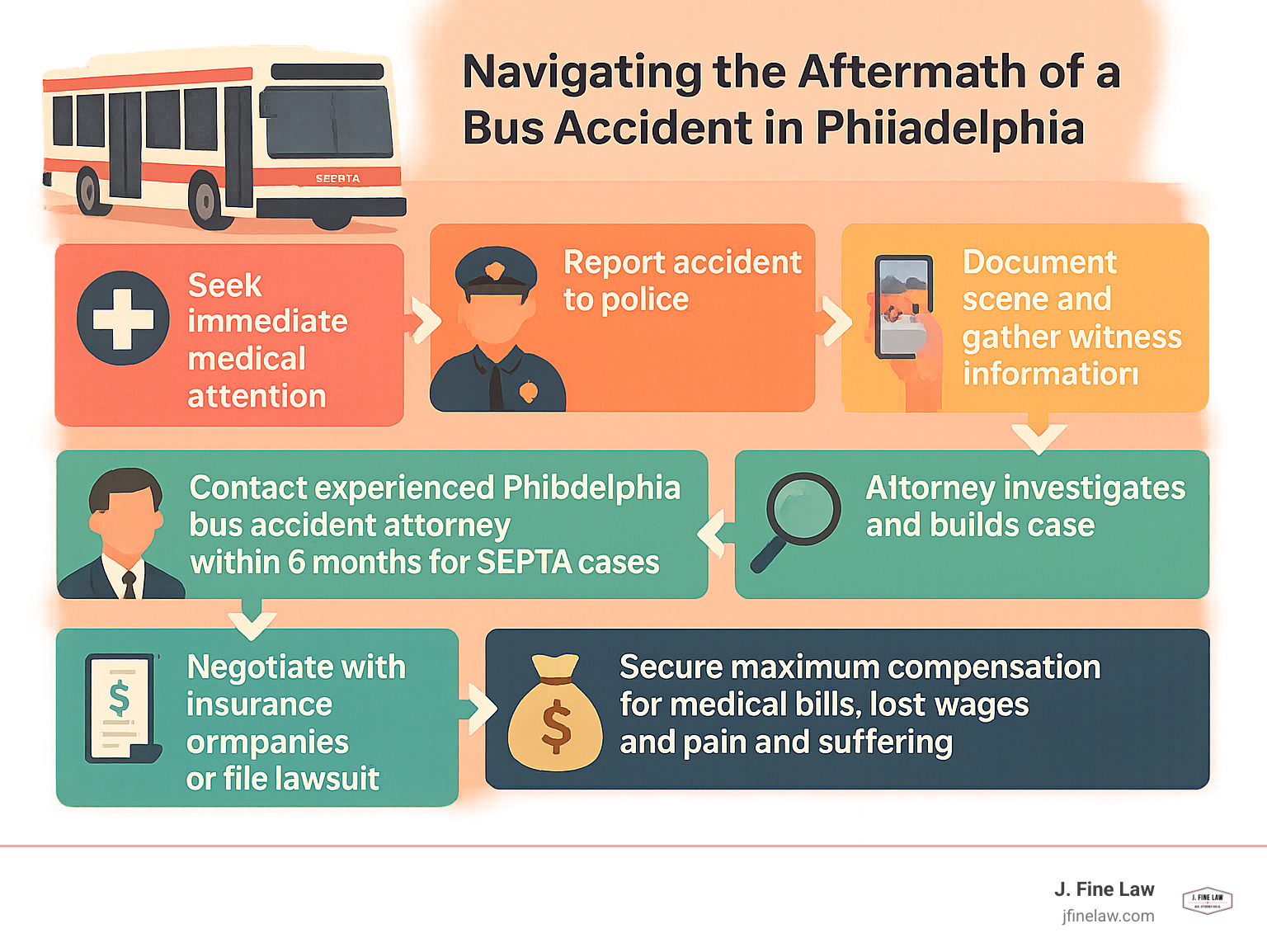 Infographic showing the step-by-step process after a Philadelphia bus accident: 1) Seek immediate medical attention, 2) Report accident to police, 3) Document scene and gather witness information, 4) Contact experienced philadelphia bus accident attorney within 6 months for SEPTA cases, 5) Attorney investigates and builds case, 6) Negotiate with insurance companies or file lawsuit, 7) Secure maximum compensation for medical bills, lost wages, and pain and suffering - philadelphia bus accident attorney infographic 