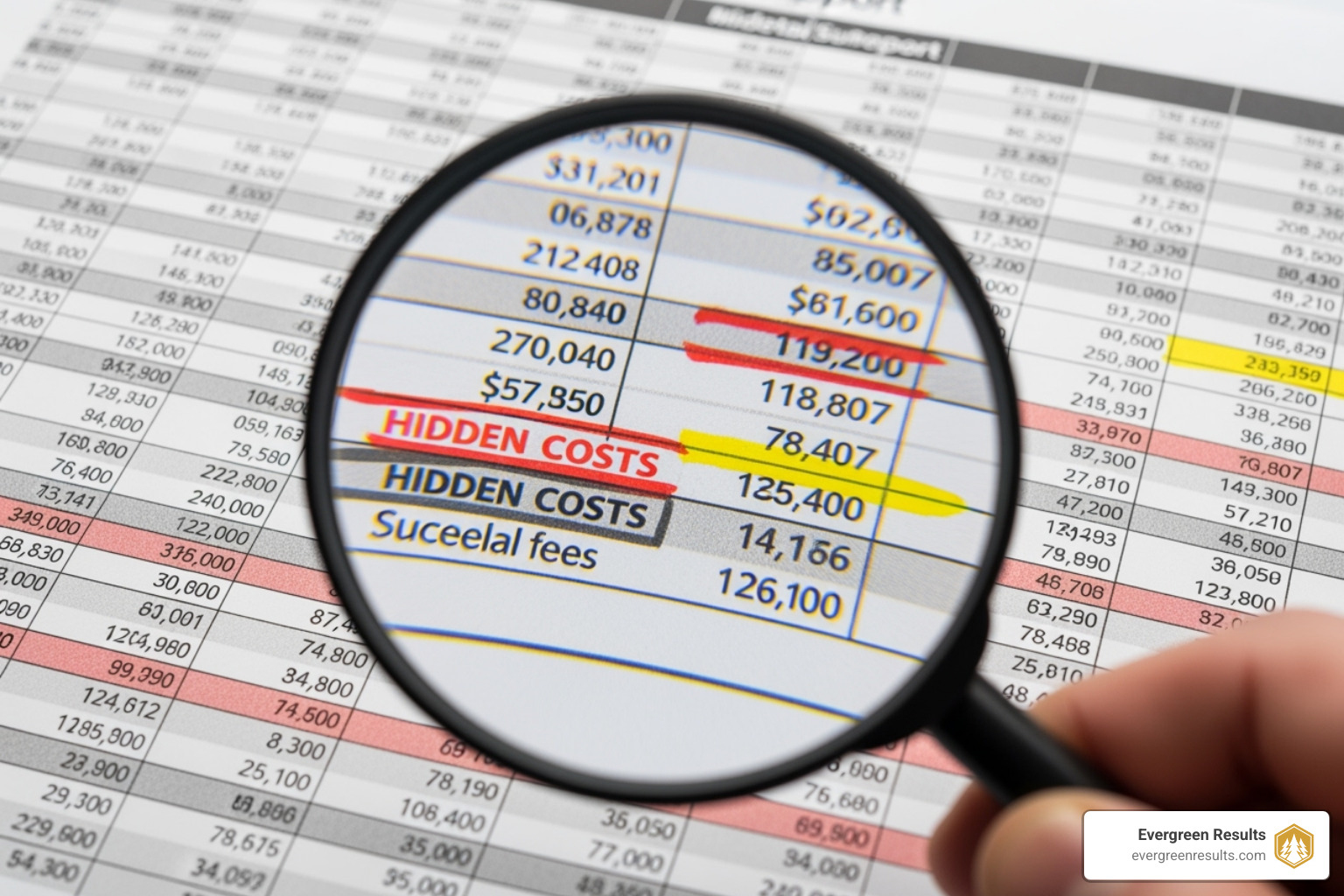 Magnifying glass over a financial report highlighting hidden costs - how to measure roi