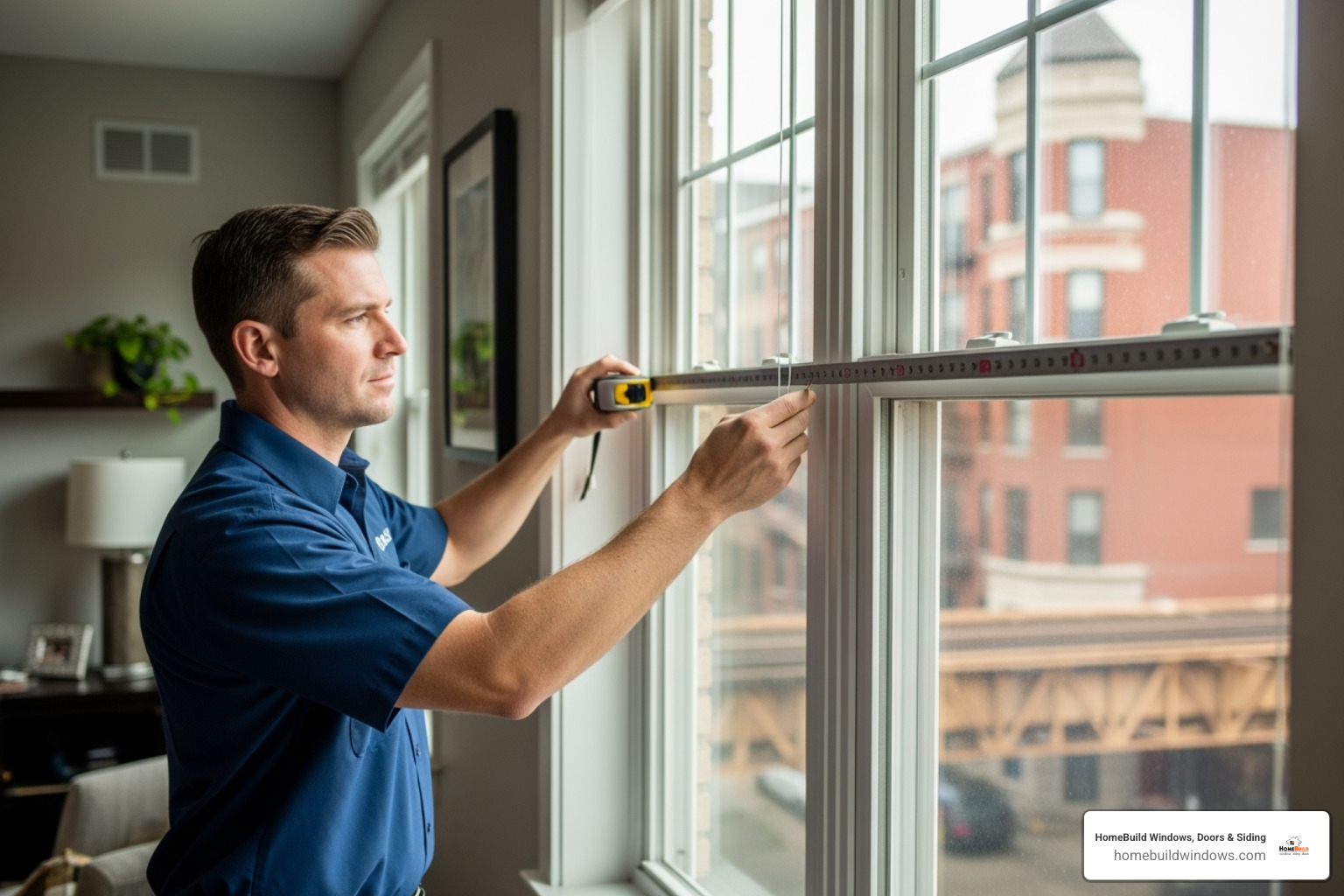 Professional installer measuring a window in a Chicago-area home - cost of awning window replacement