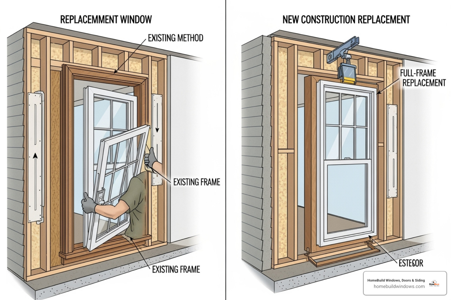 Illustration showing the difference between a retrofit and a full-frame replacement window installation - cost of awning window replacement