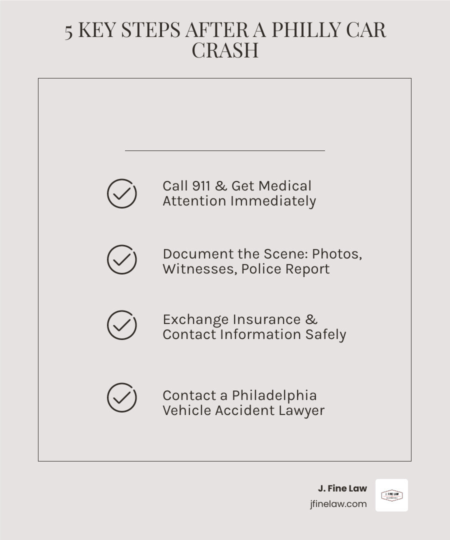 Infographic showing the 5 immediate steps after a Philadelphia vehicle accident: 1) Call 911 and seek medical attention, 2) Document the scene with photos and witness information, 3) Exchange insurance and contact details, 4) File a police report within 5 days if not done at scene, 5) Contact a Philadelphia vehicle accident lawyer before speaking to insurance companies - Philadelphia vehicle accident lawyer infographic checklist-light-beige
