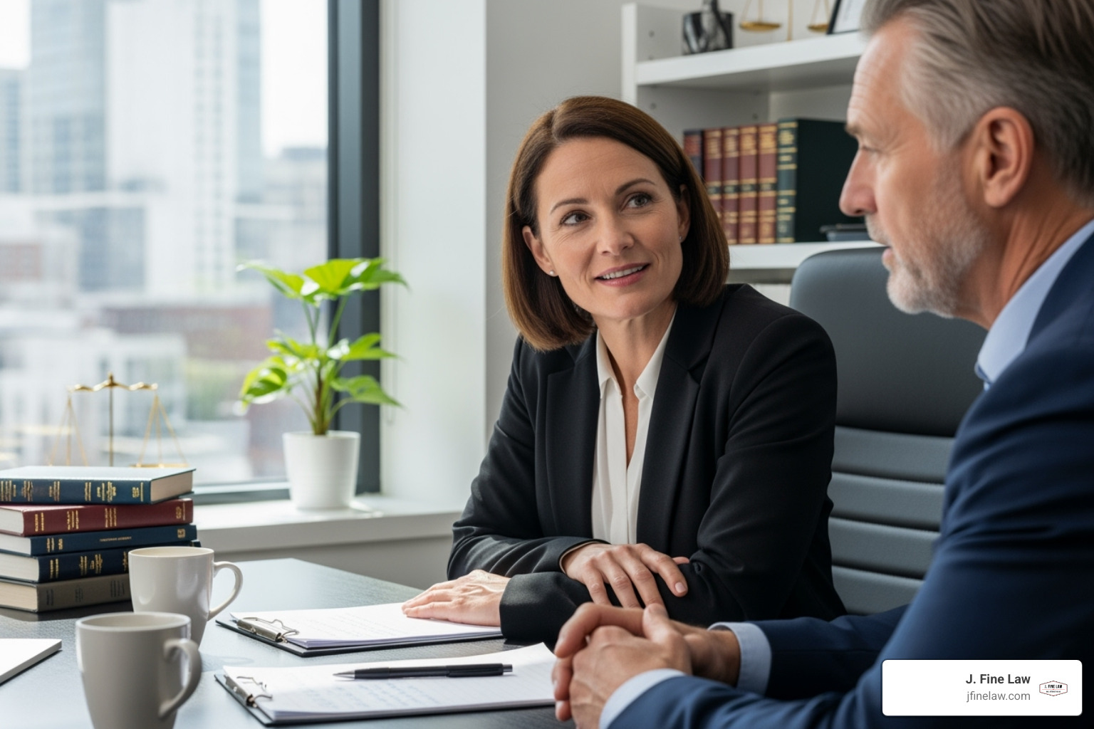Image of a lawyer compassionately listening to a client in an office setting - Philadelphia vehicle accident lawyer