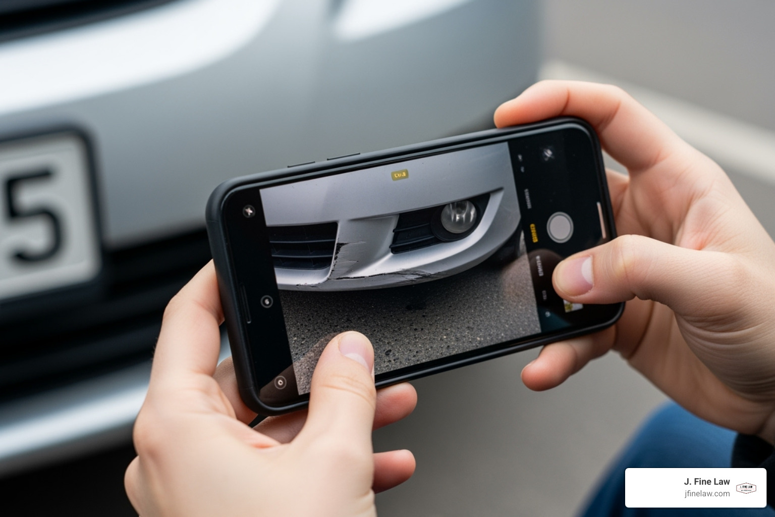 Image of a driver taking photos of vehicle damage with their smartphone - Philadelphia vehicle accident lawyer