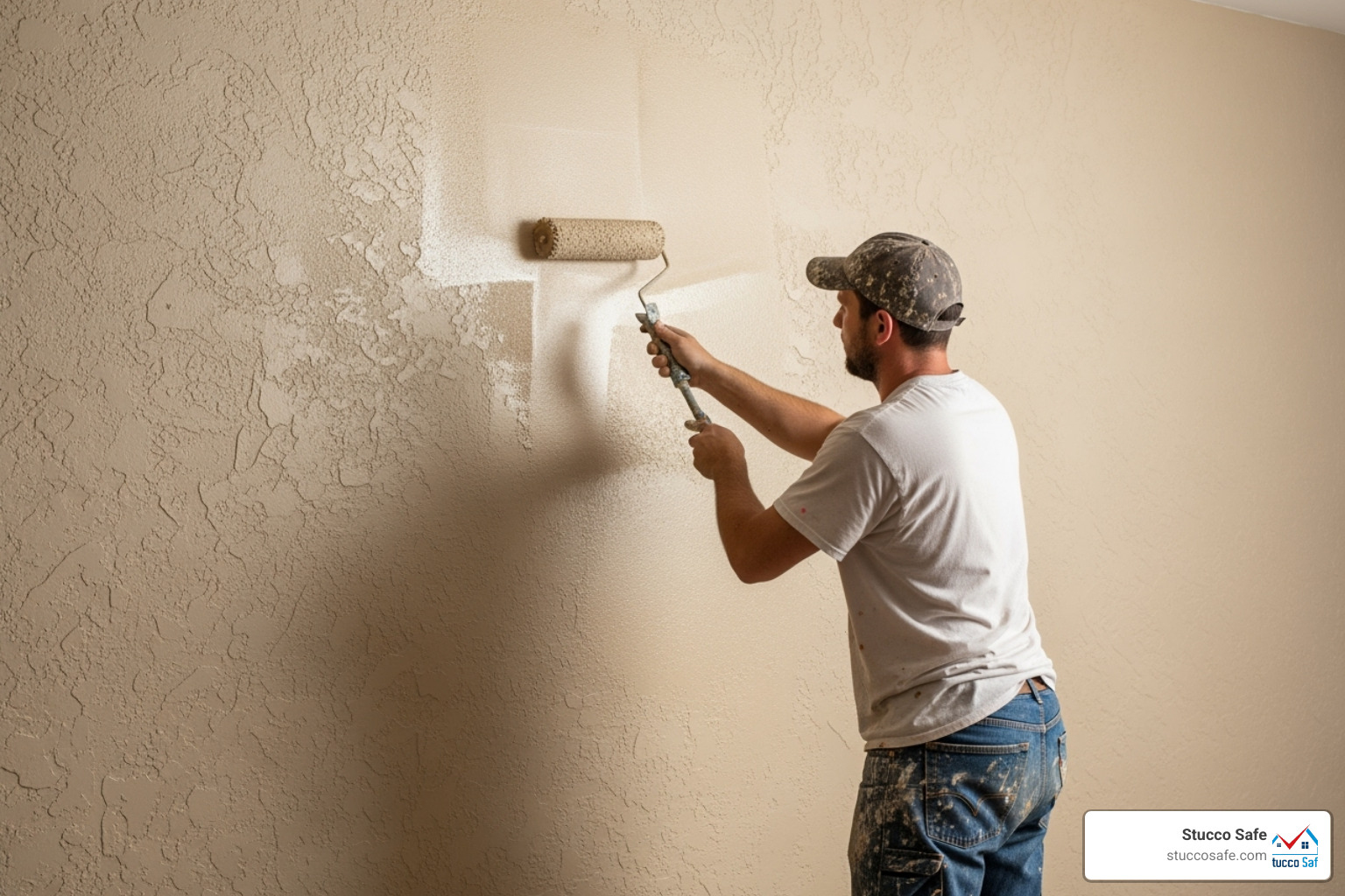 back-rolling technique over a sprayed section - how to paint stucco house