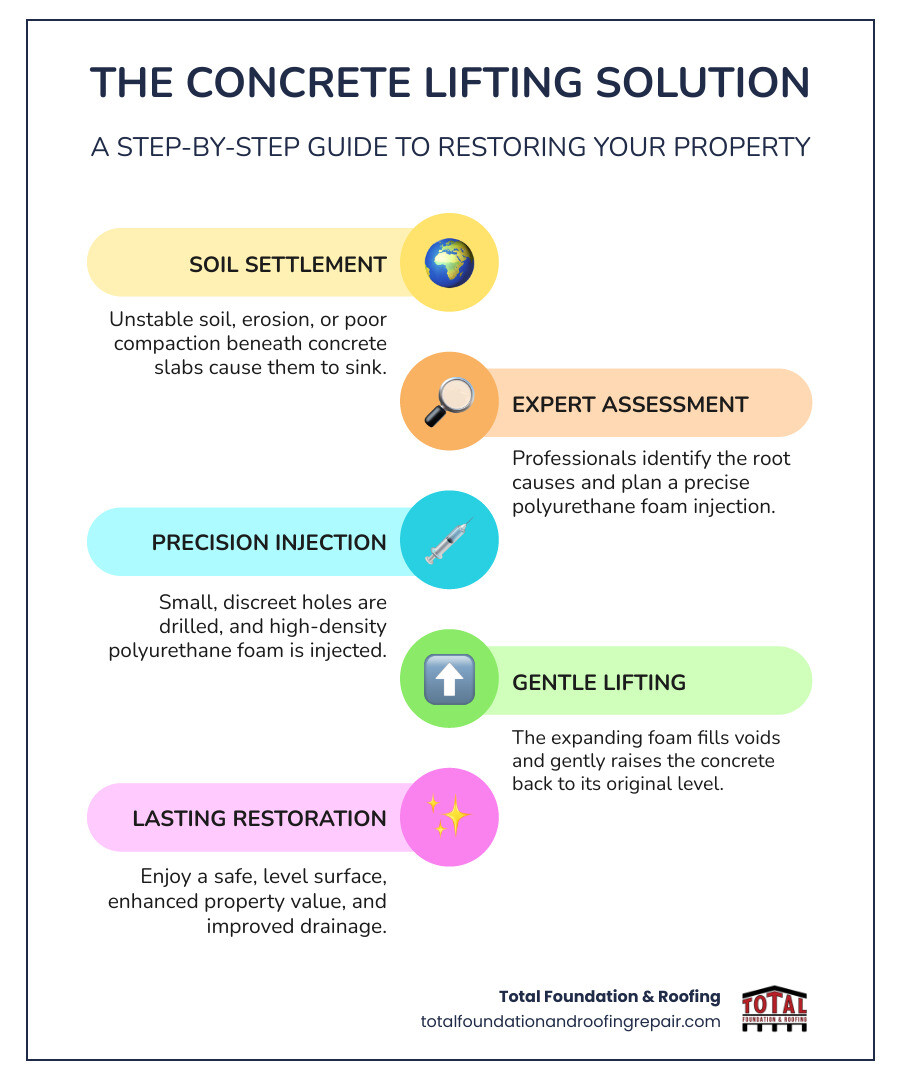Comprehensive guide showing the concrete lifting process from soil settlement causes through polyurethane foam injection repair and final leveled results - concrete lifting services infographic infographic-line-5-steps-colors