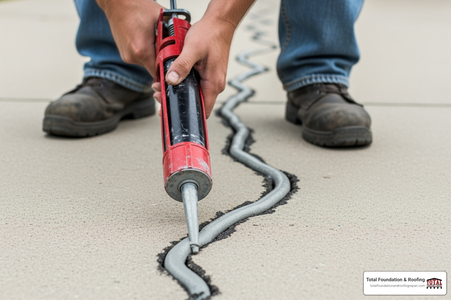 A homeowner carefully applying concrete crack filler to a crack in their driveway with a caulk gun. - concrete repair cost