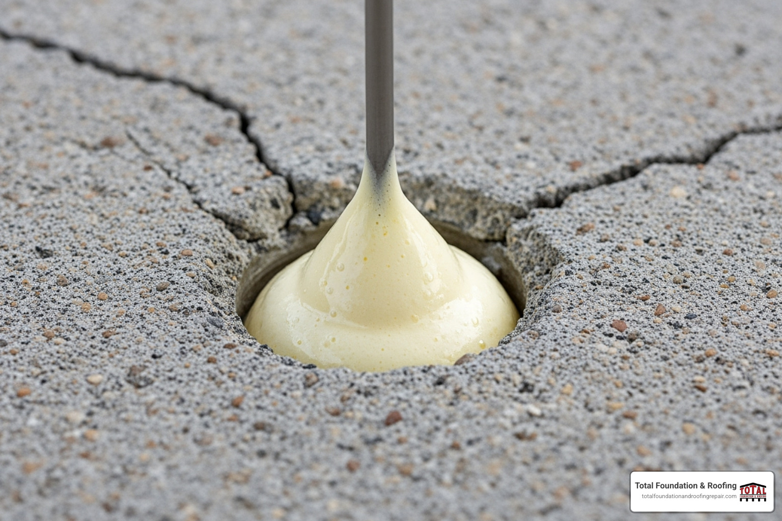 A close-up image showing the polyurethane foam injection process on a sunken concrete sidewalk slab, with a small nozzle injecting foam into the ground. - concrete repair cost