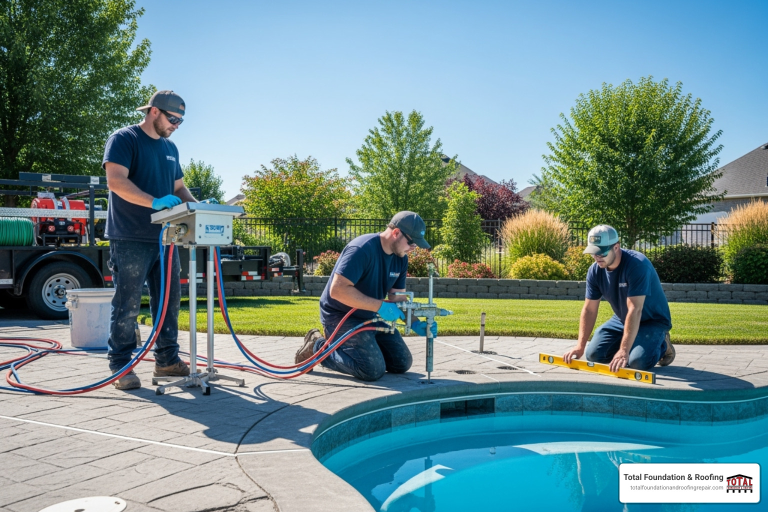 a team performing polyurethane foam injection on a sunken pool deck - concrete lifting services