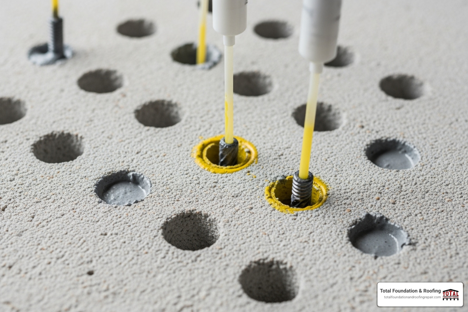 small, discreet drill holes used for polyurethane injection - concrete lifting services