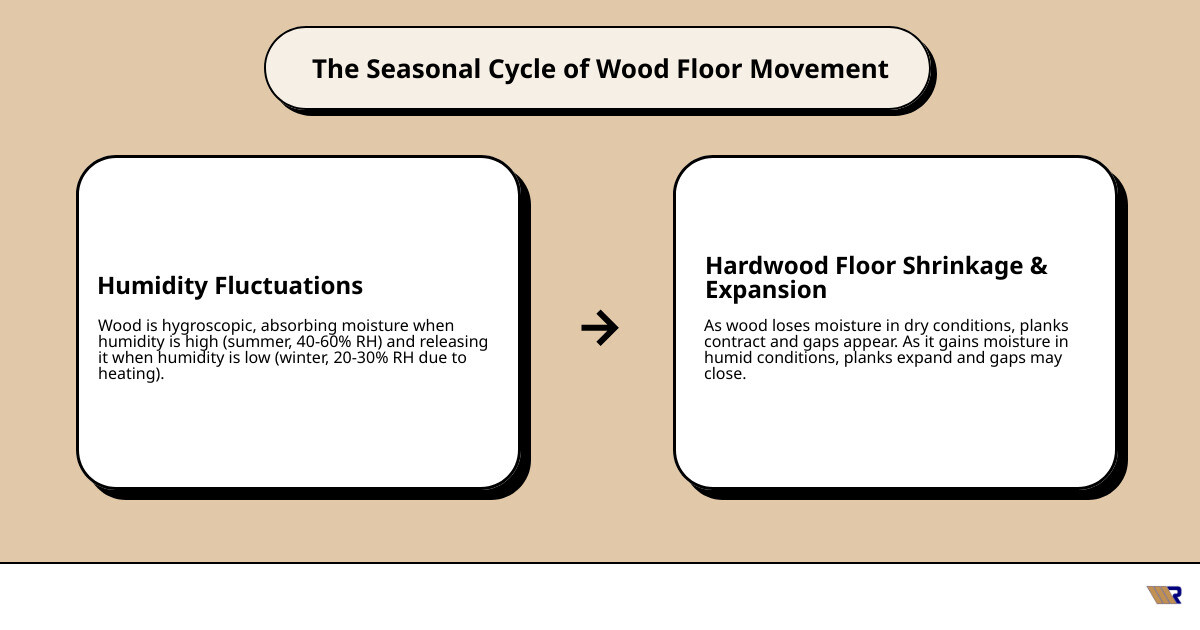Infographic showing the seasonal cycle of hardwood floor expansion and contraction, with wood planks expanding in summer humidity (40-60% RH) and contracting in winter dry conditions (20-30% RH), illustrating how temperature and moisture changes cause gaps to open and close throughout the year - hardwood floor shrinkage repair infographic cause_effect_text