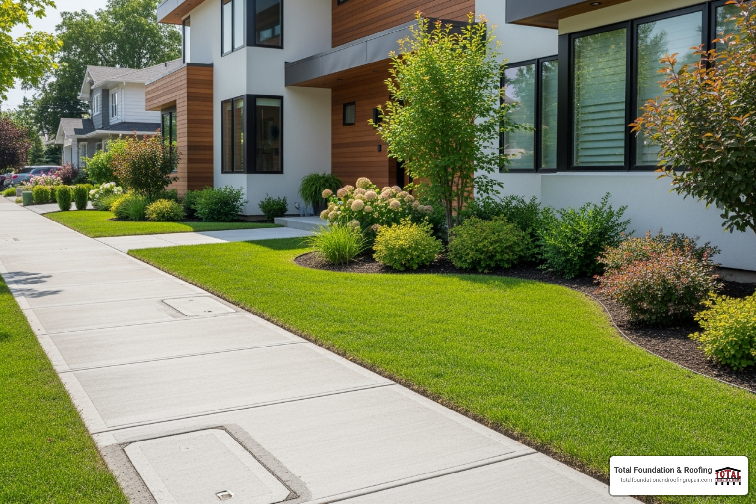 a perfectly level and repaired sidewalk next to a home - concrete lifting services