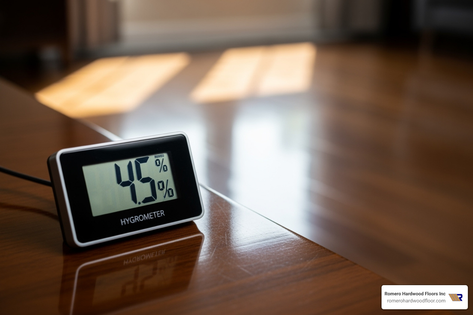 Digital hygrometer showing a reading of 45% humidity in a room with hardwood floors - hardwood floor shrinkage repair