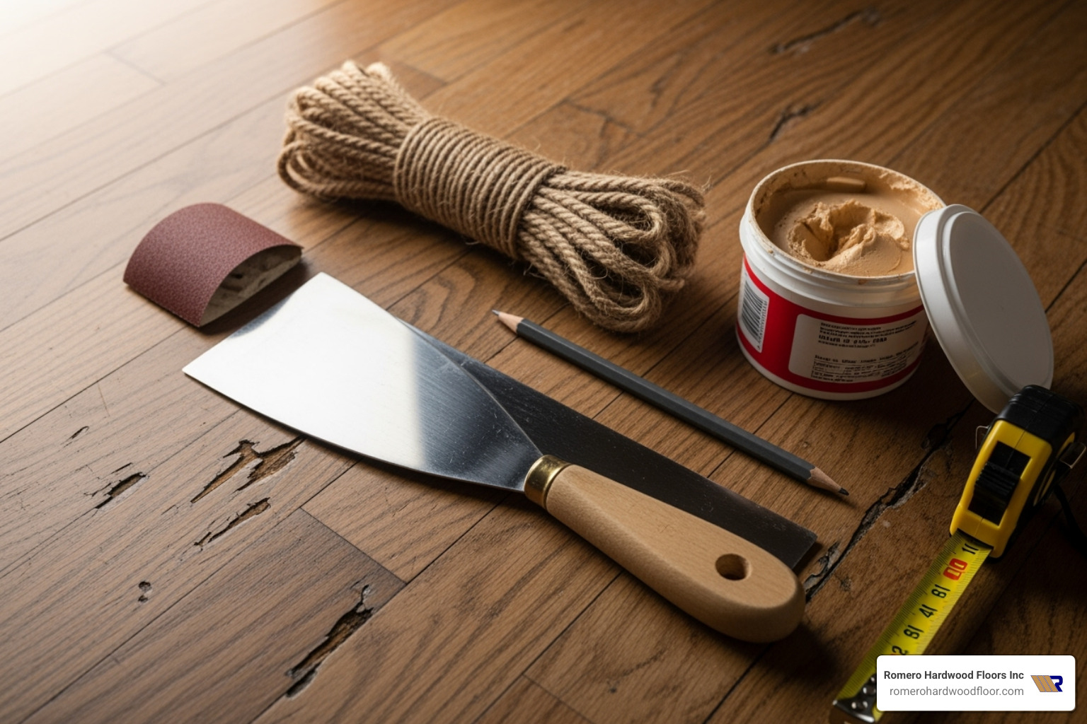 DIY tools for floor repair laid out on a hardwood floor, such as a putty knife, wood filler, and rope - hardwood floor shrinkage repair