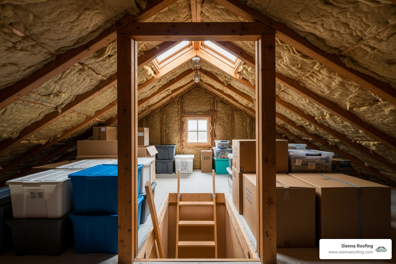 well-insulated attic space viewed from a roof access point - Roof maintenance program
