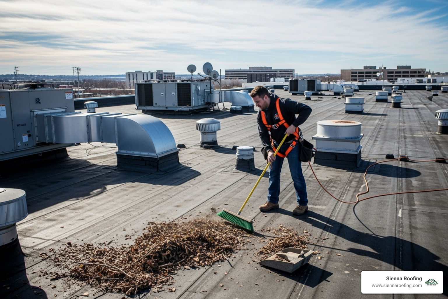 roofer clearing debris from a commercial flat roof - Roof maintenance program