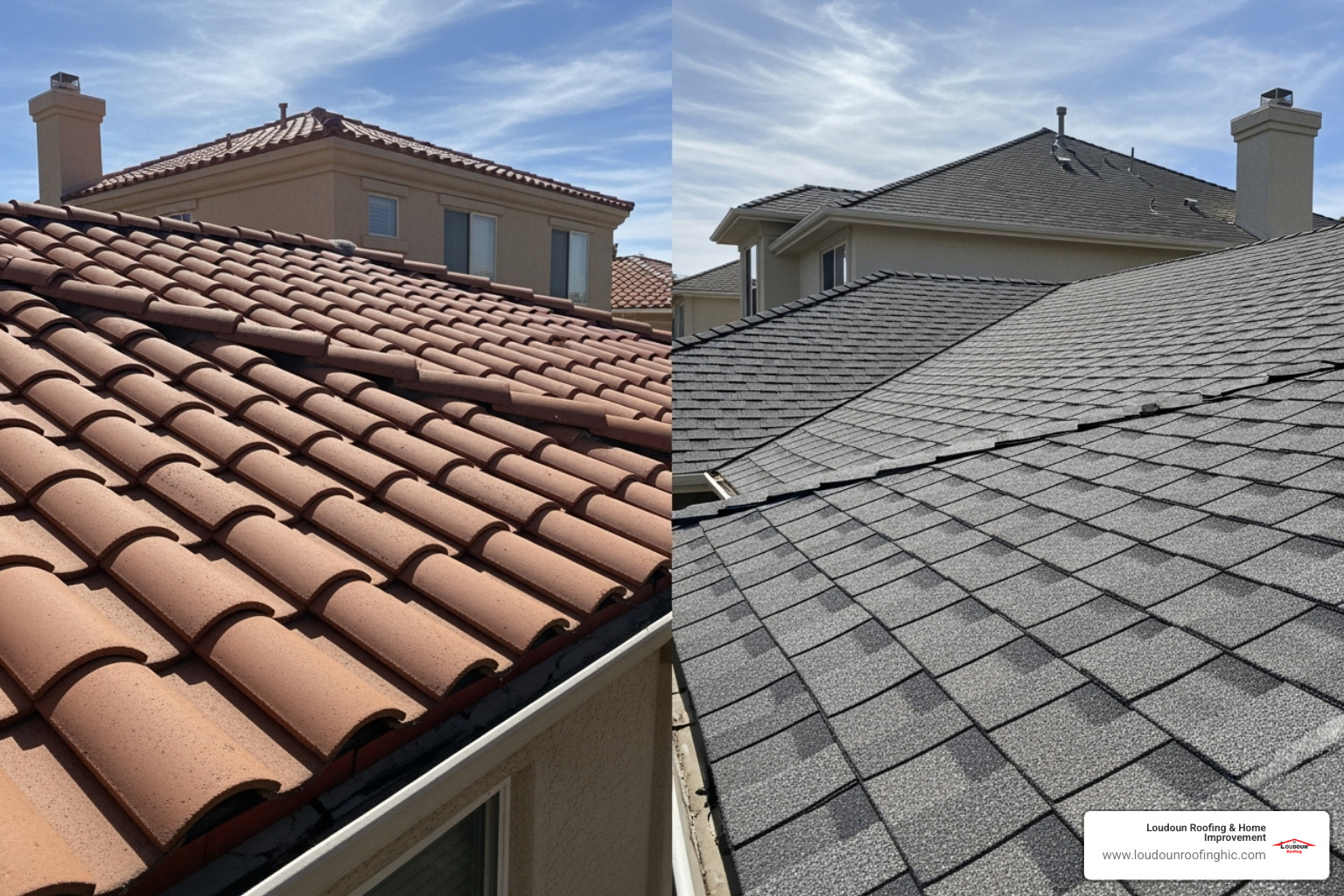 split screen showing tile roof and asphalt shingle roof - tile roof replacement cost
