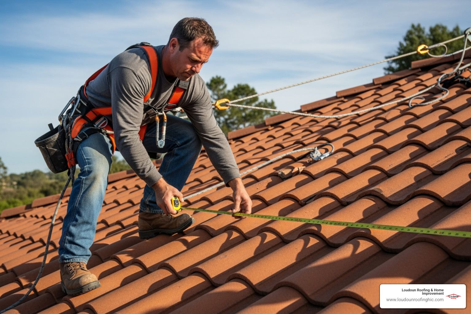 roofer measuring a tile roof - tile roof replacement cost
