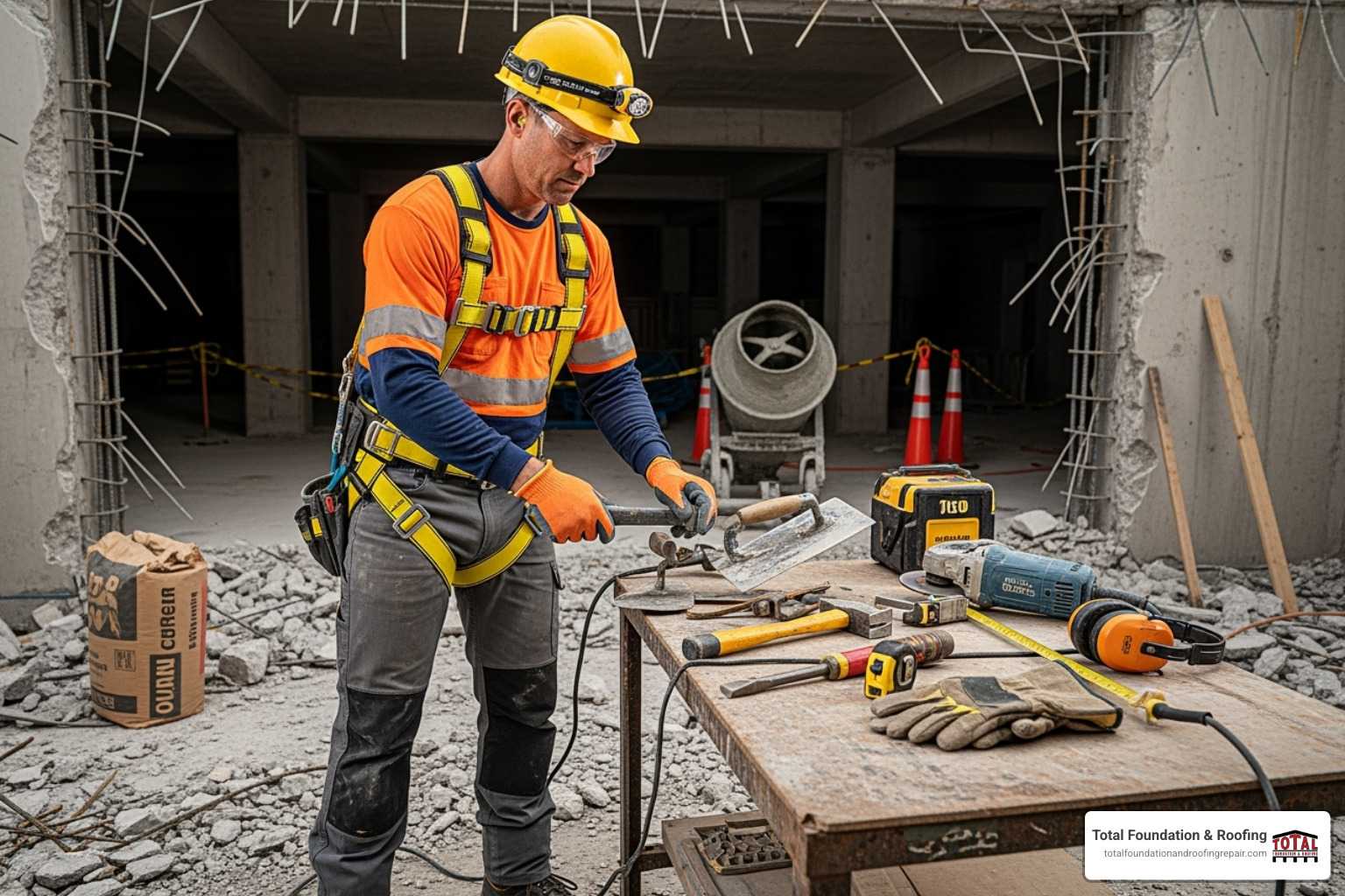 Concrete repair professional wearing OSHA-compliant safety harness while preparing tools and safety gear - concrete crack repair