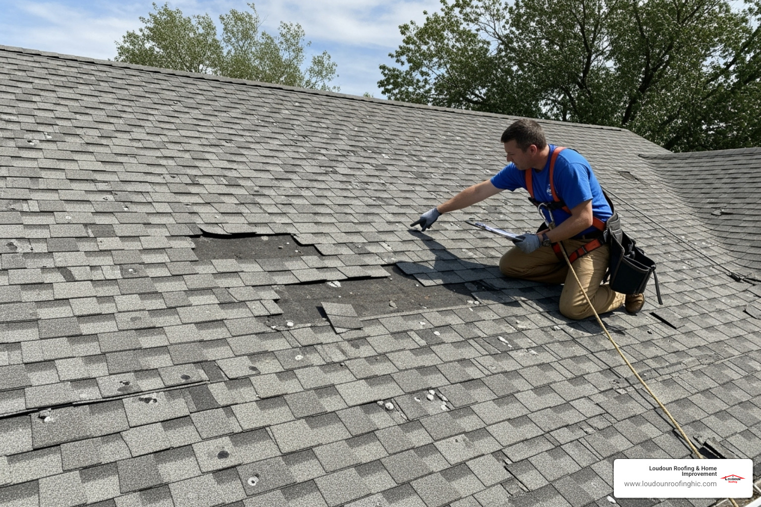 A roof showing visible hail and wind damage, with a professional roofing contractor in a safety harness inspecting it - northern virginia roofing services