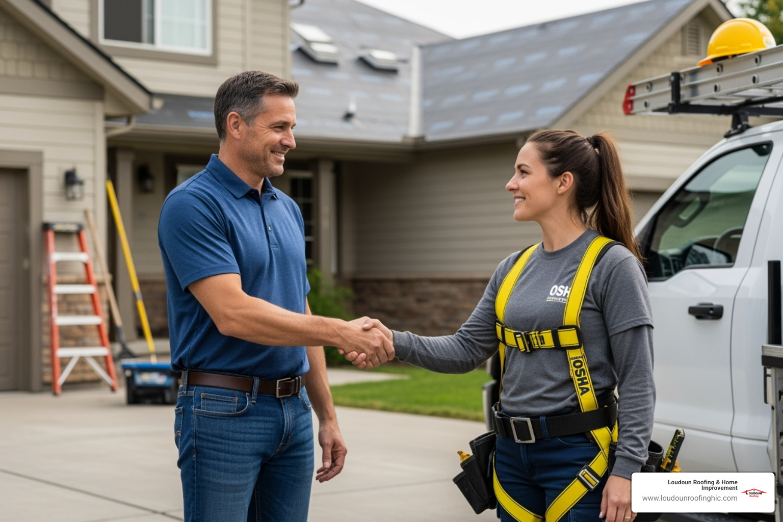 Homeowner shaking hands with a friendly, professional roofing contractor wearing a safety harness - northern virginia roofing services