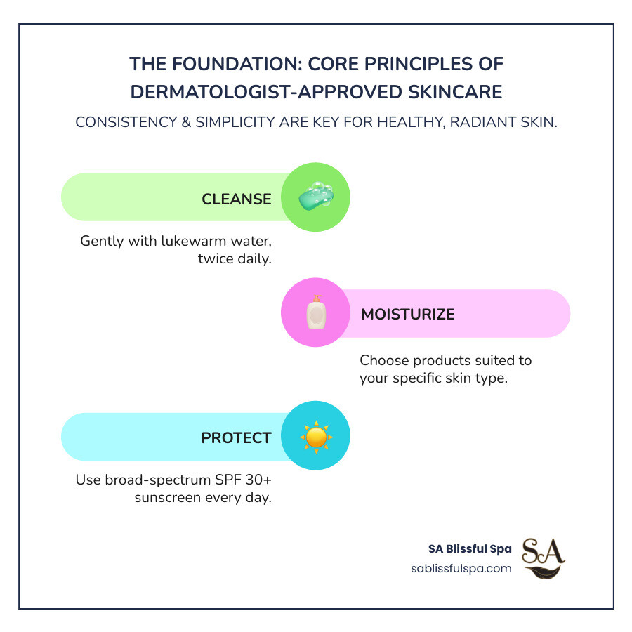 Infographic showing the three core principles of dermatologist-recommended skincare: 1. Cleanse gently with lukewarm water twice daily, 2. Moisturize with products suited to your skin type, 3. Protect with broad-spectrum SPF 30+ sunscreen every day, with additional text showing that consistency and simplicity are key to success - dermatologist recommended skin care infographic infographic-line-3-steps-colors Infographic showing the three core principles of dermatologist-recommended skincare: 1. Cleanse gently with lukewarm water twice daily, 2. Moisturize with products suited to your skin type, 3. Protect with broad-spectrum SPF 30+ sunscreen every day, with additional text showing that consistency and simplicity are key to success - dermatologist recommended skin care infographic infographic-line-3-steps-colors