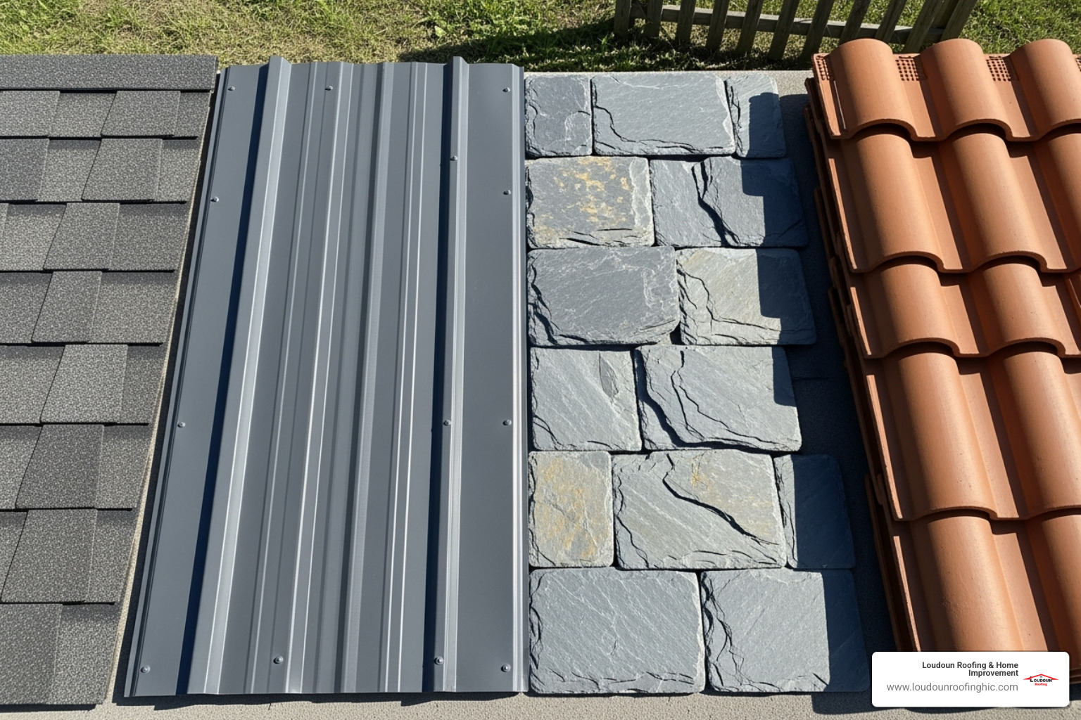 Samples of asphalt shingles, metal panels, and other roofing materials - northern virginia roofing services