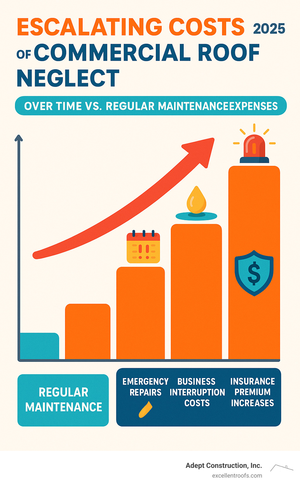 Infographic showing the escalating costs of commercial roof neglect over time, including emergency repairs, business interruption costs, interior damage, and insurance premium increases compared to regular maintenance expenses - Downers Grove roofing company infographic 