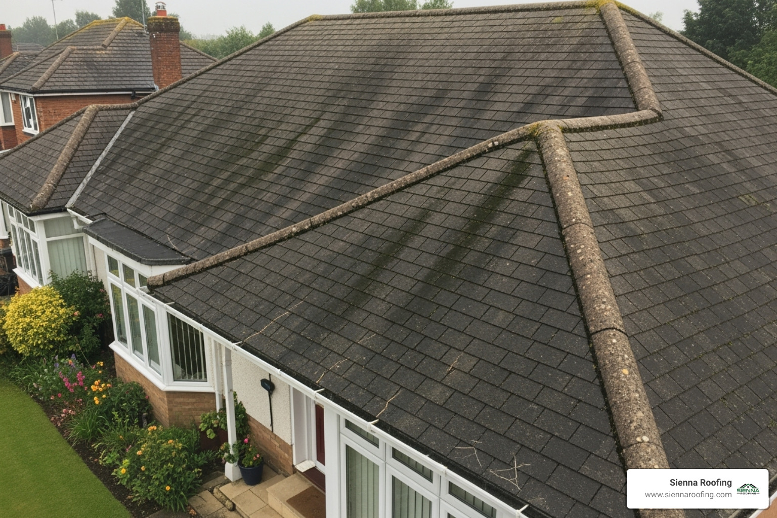 Roof showing signs of heat and humidity damage, like curling shingles or algae streaks - Roof inspection Houston