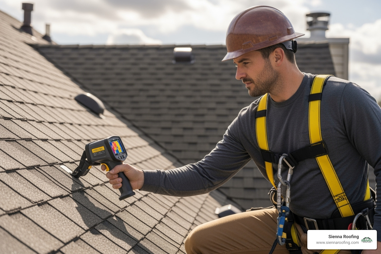 Professional roofer using a thermal imaging camera to detect a hidden leak while wearing proper OSHA safety harness - Roof inspection Houston