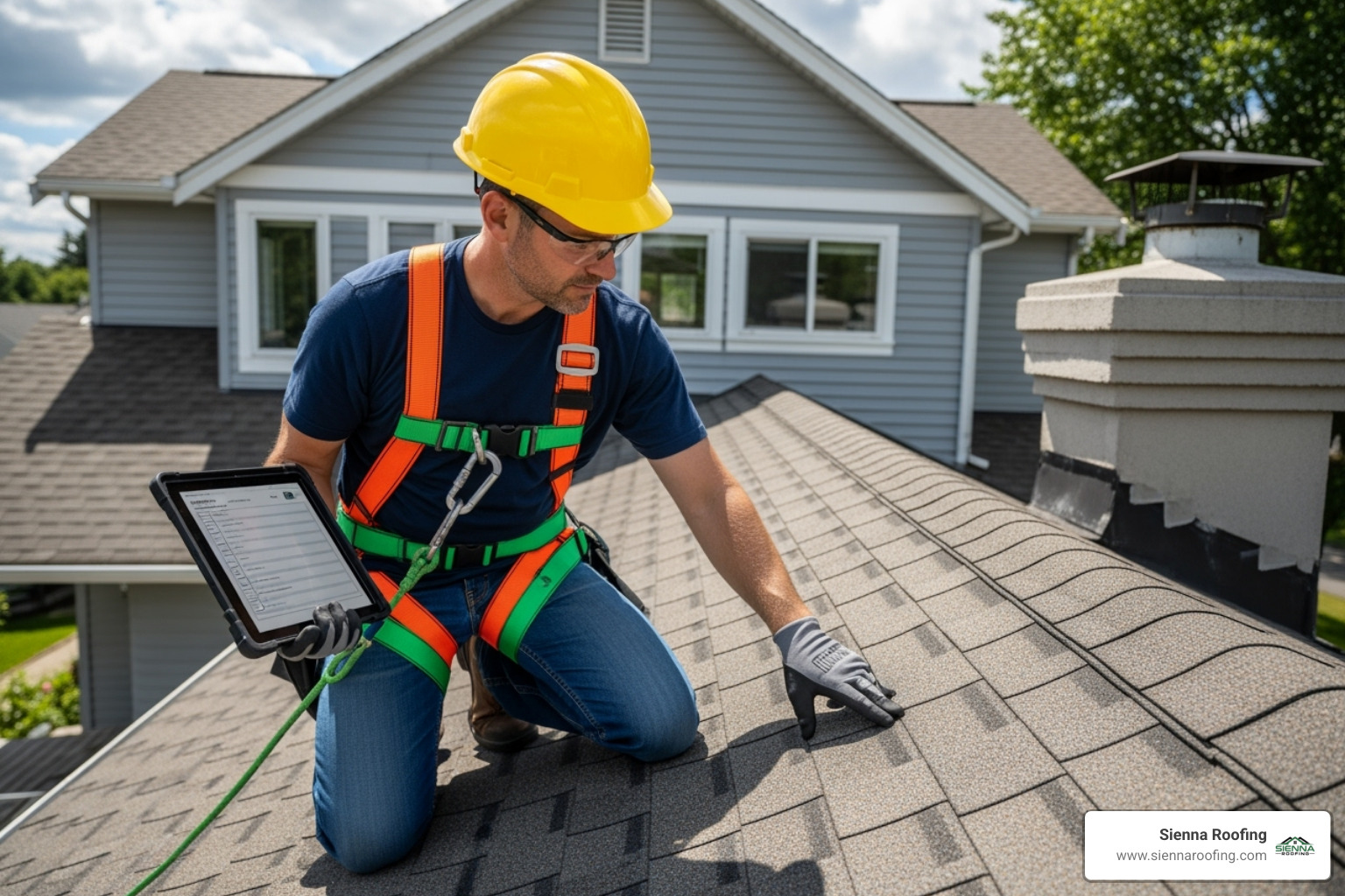 Certified inspector examining a roof with a checklist using proper OSHA safety harness - Roof inspection Houston