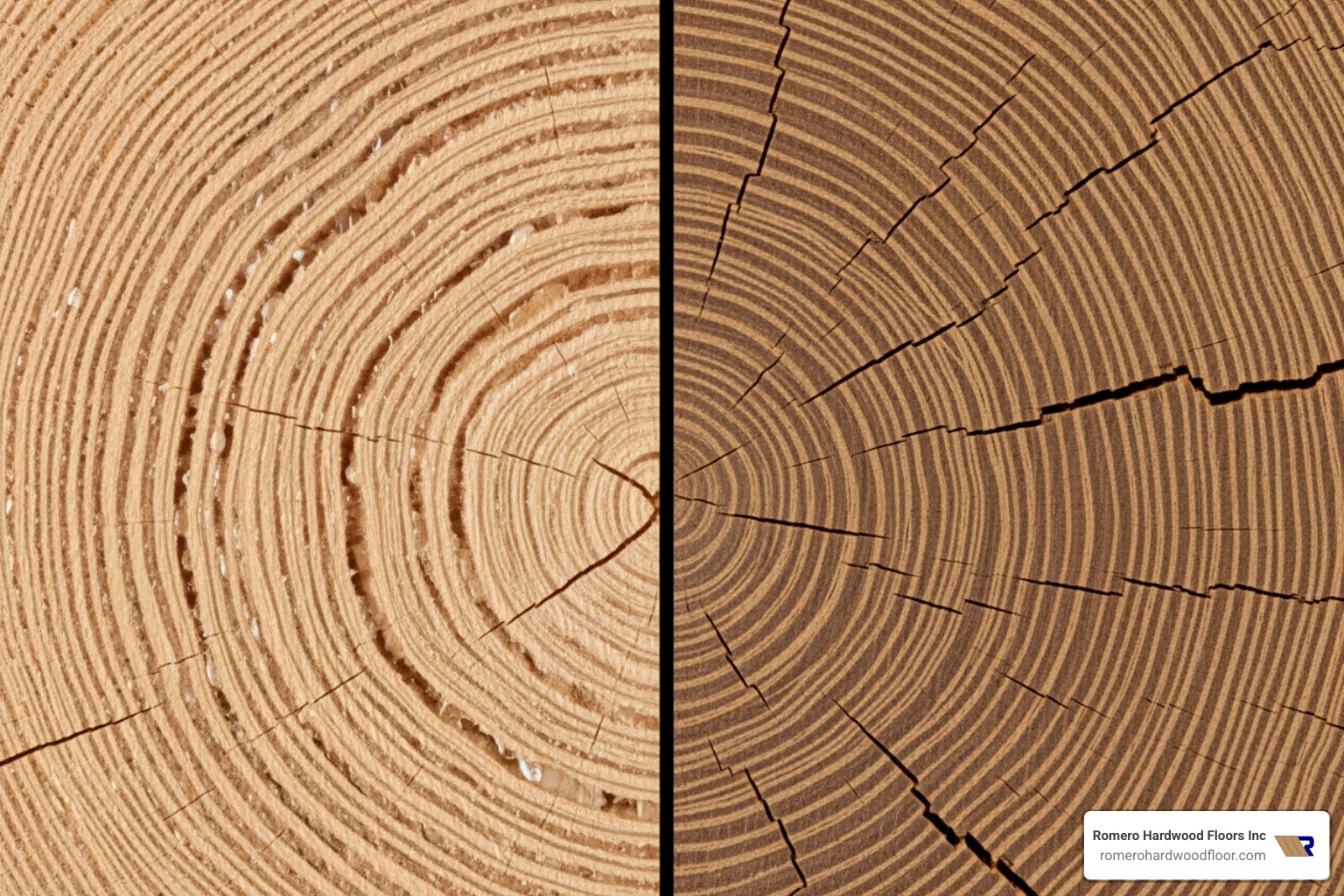 Cross-section of a wood plank showing how moisture causes it to swell and lack of moisture causes it to shrink - hardwood floor shrinkage repair