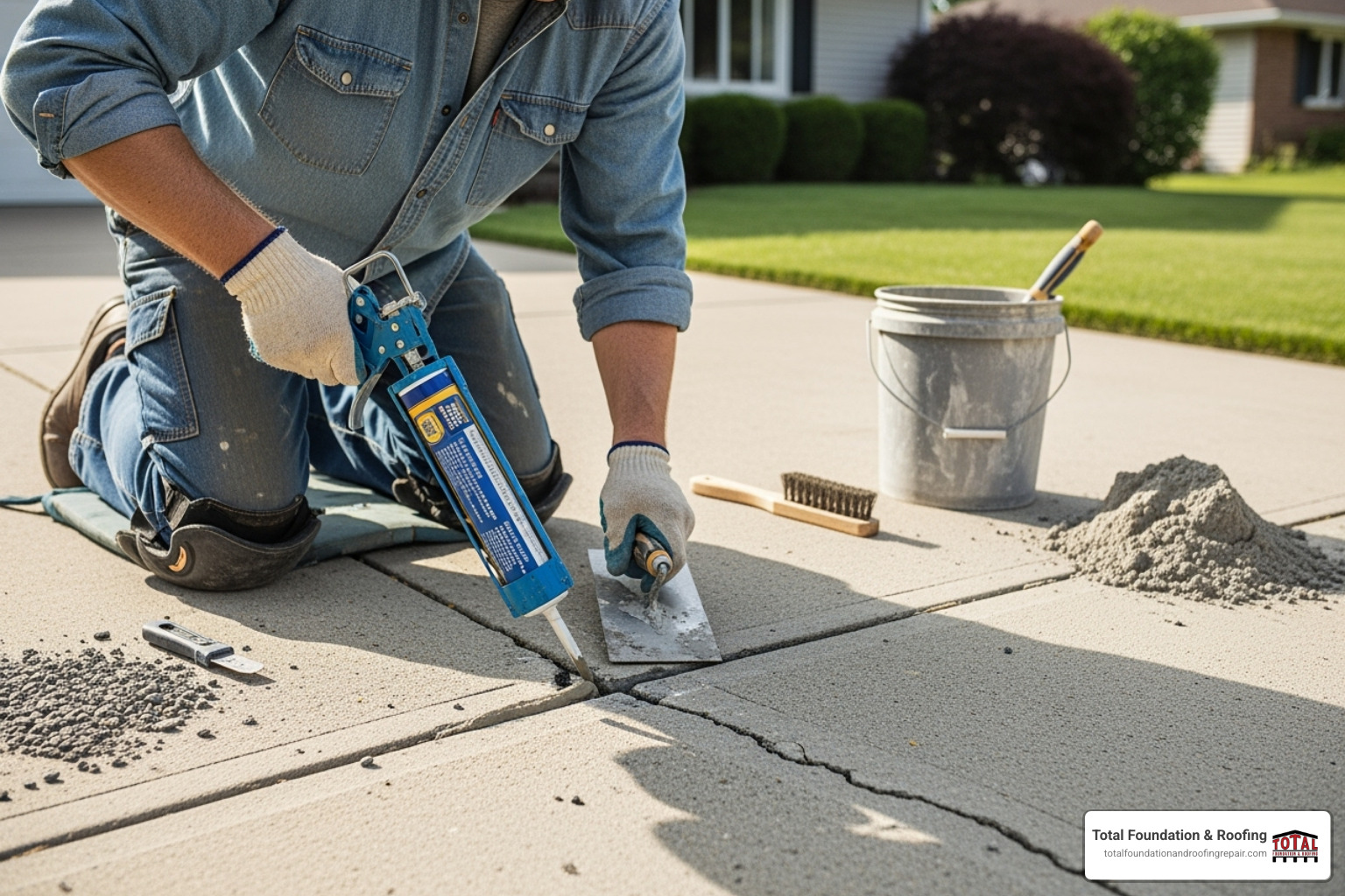 person repairing a crack in a concrete driveway - concrete slab repair