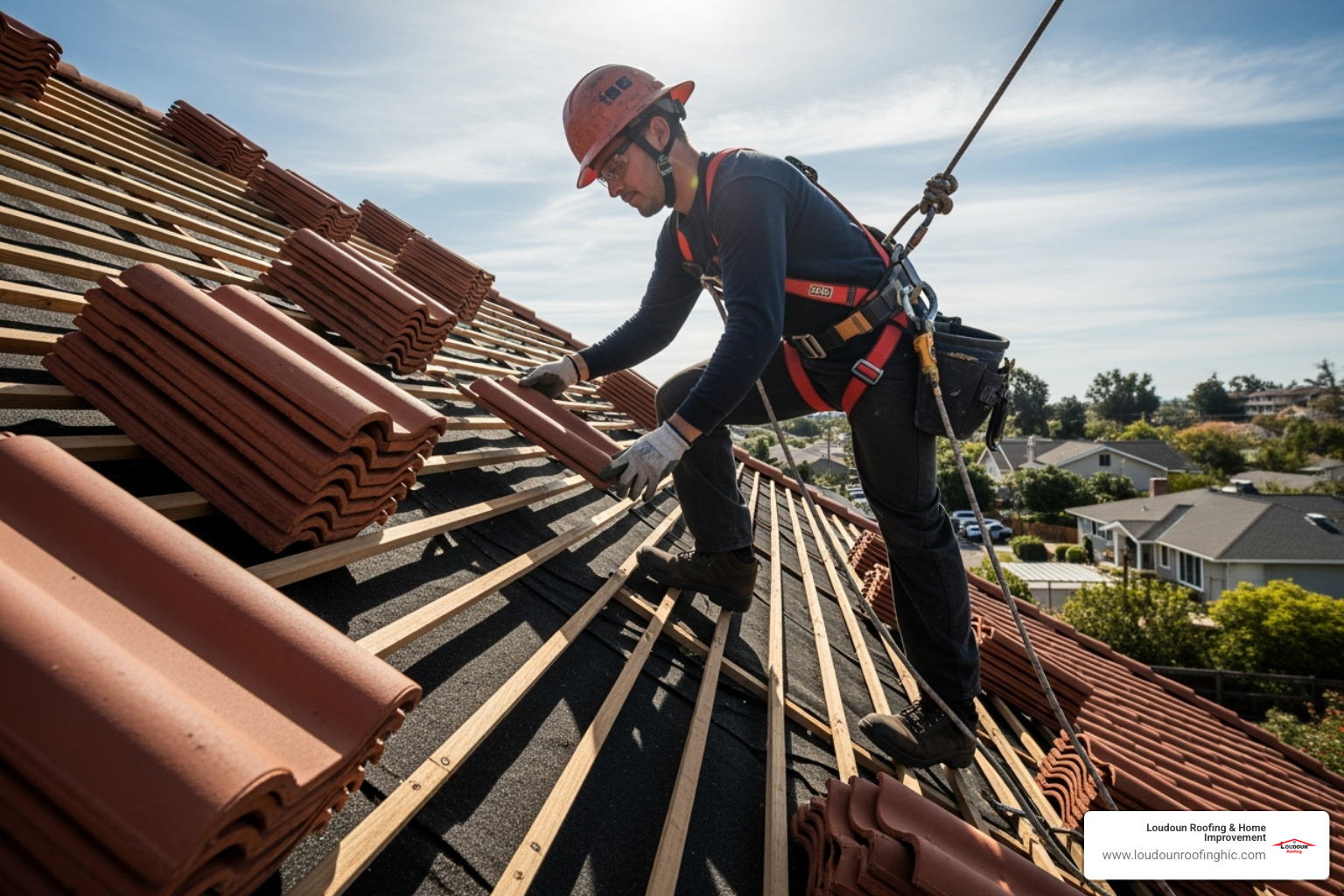 Professional roofer in full OSHA-required safety gear working on a steep tile roof, carefully placing a tile - roof tile replacement