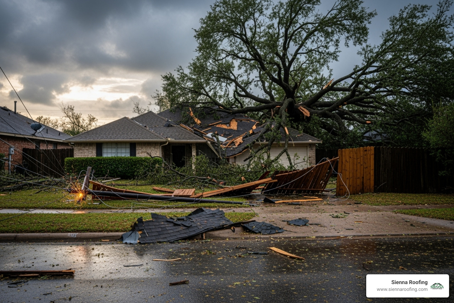 image of a downed power line or a tree on a house in a Houston neighborhood - Storm damage Houston