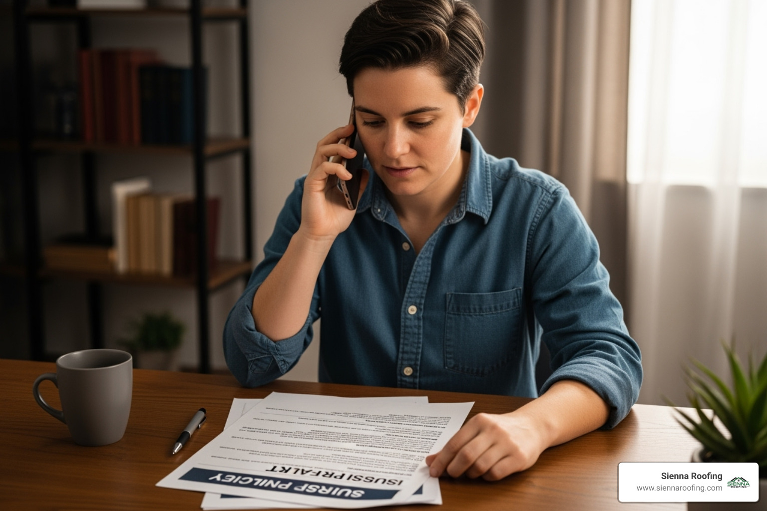 image of a person on the phone, looking at an insurance policy document - Storm damage Houston