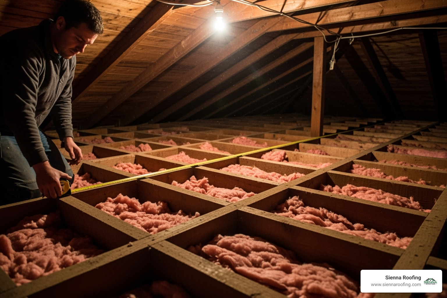 A person using a tape measure to calculate the length and width of an attic floor space, with insulation visible between joists - Attic ventilation installation